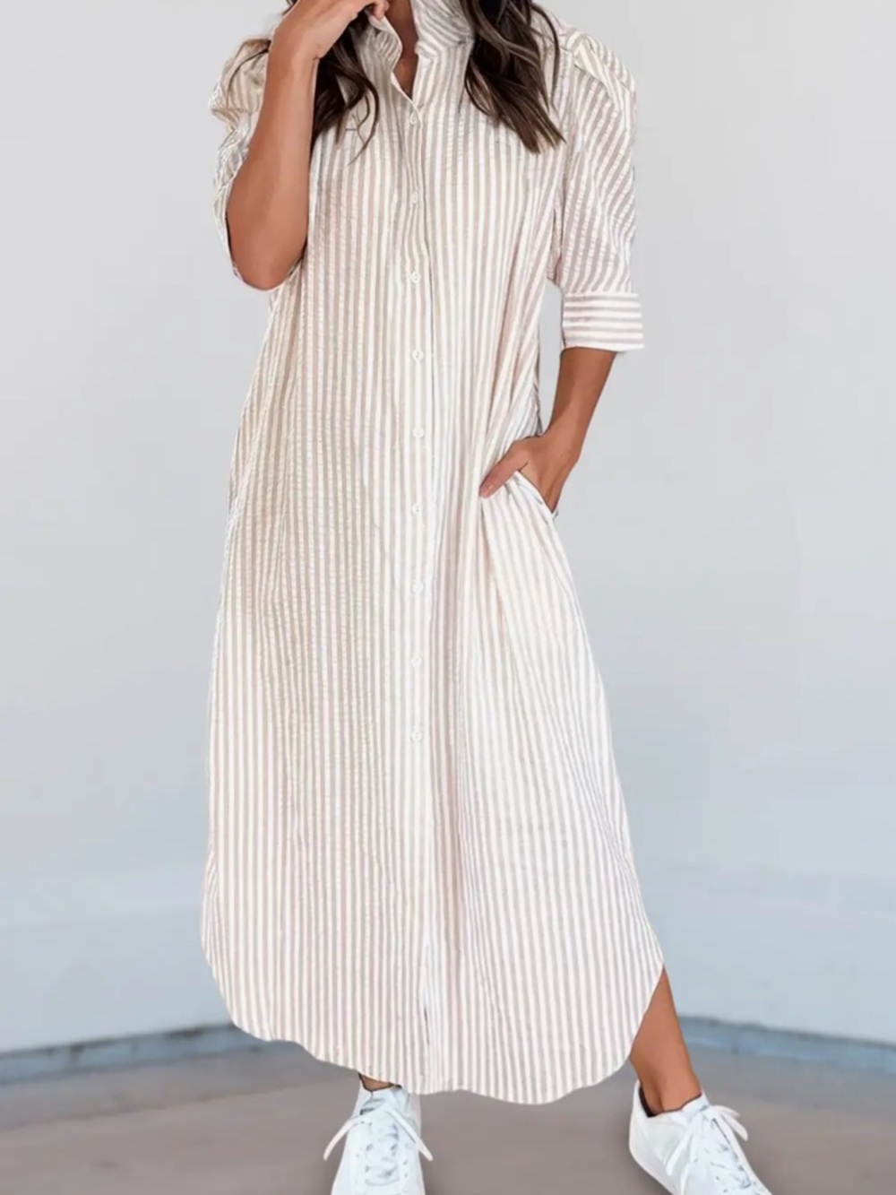 Striped Button-Down Maxi Shirt Dress in Light Beige and White